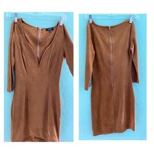 Brown velvet v neck dress